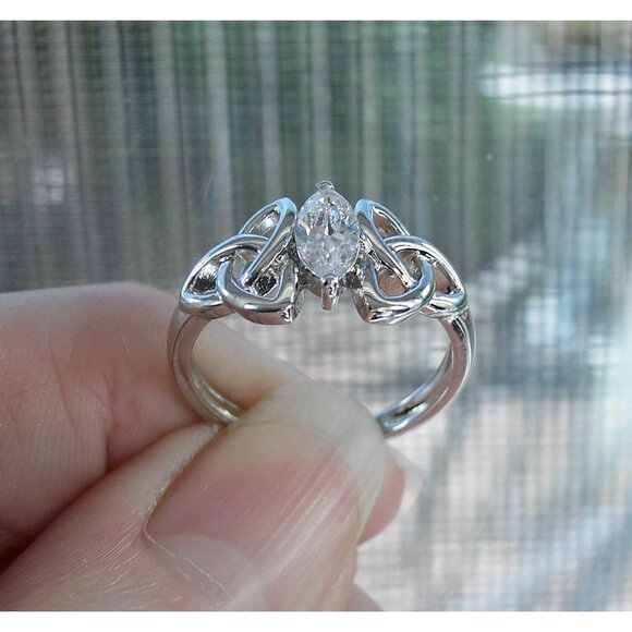 925 STERLING SILVER Dainty Celtic Triquetra Marquise Cubic Zirconia Ring - Picture 6 of 16